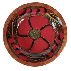 Large Wood Laquered Bowl Handpainted Red & Black Flower Green Leaves 13.5" x 3"